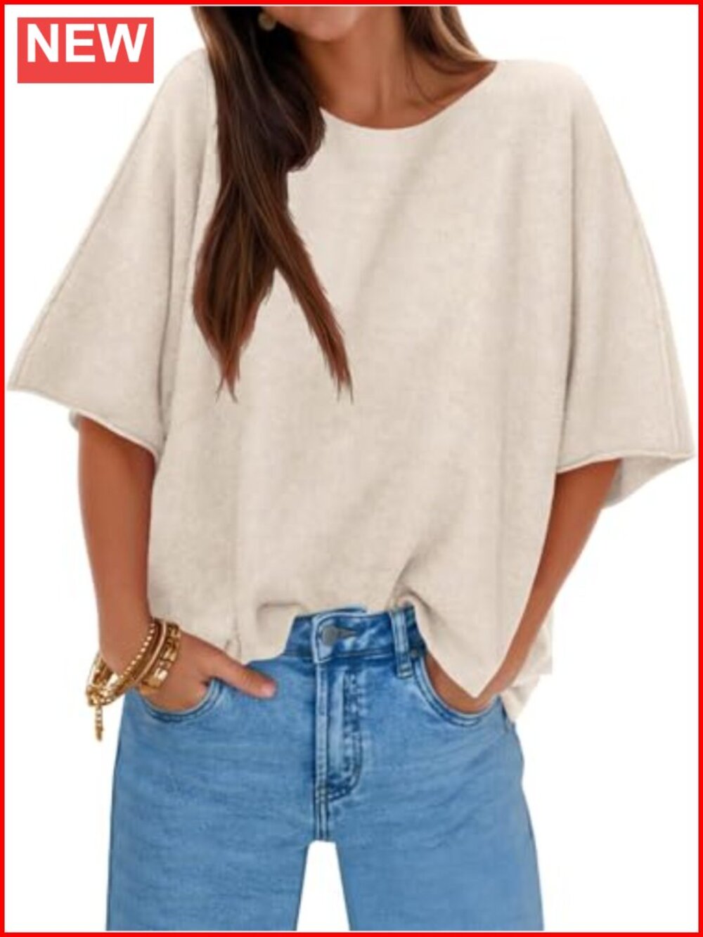 Womens Oversized Half Sleeve Knit Pullover Sweater Boat Neck Casual